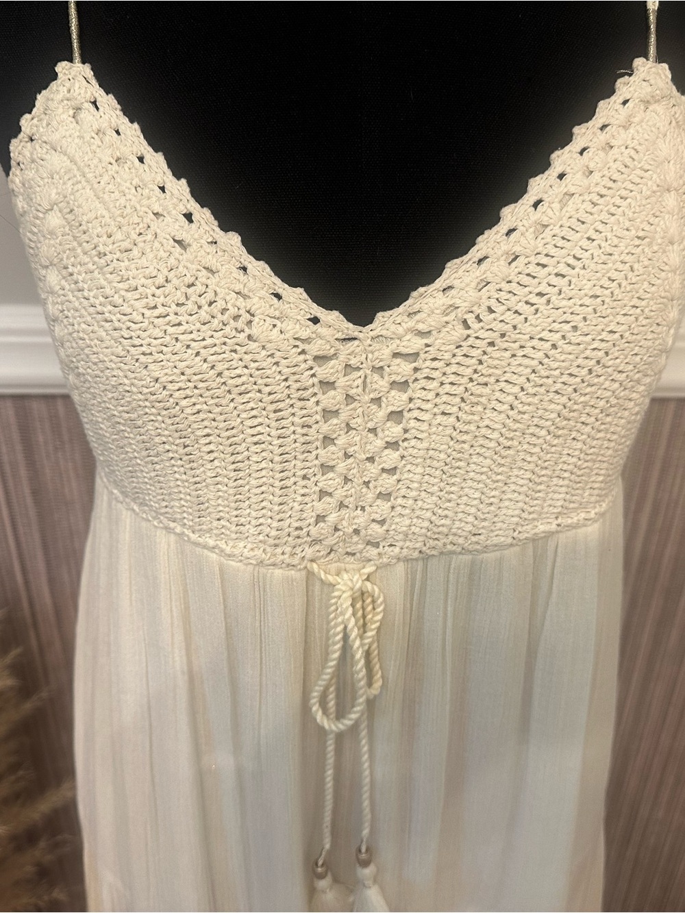 American Eagle Ivory Crochet Bodice Tiered Maxi Dress Lined Cottagecore Small - Picture 5 of 16